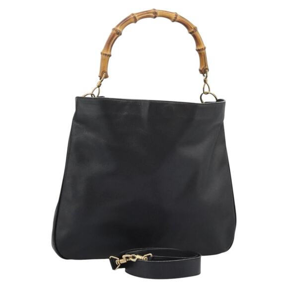 GUCCI Bamboo Hand Bag Leather Black Gold 001 1781 001 1781 - Picture 1 of 16